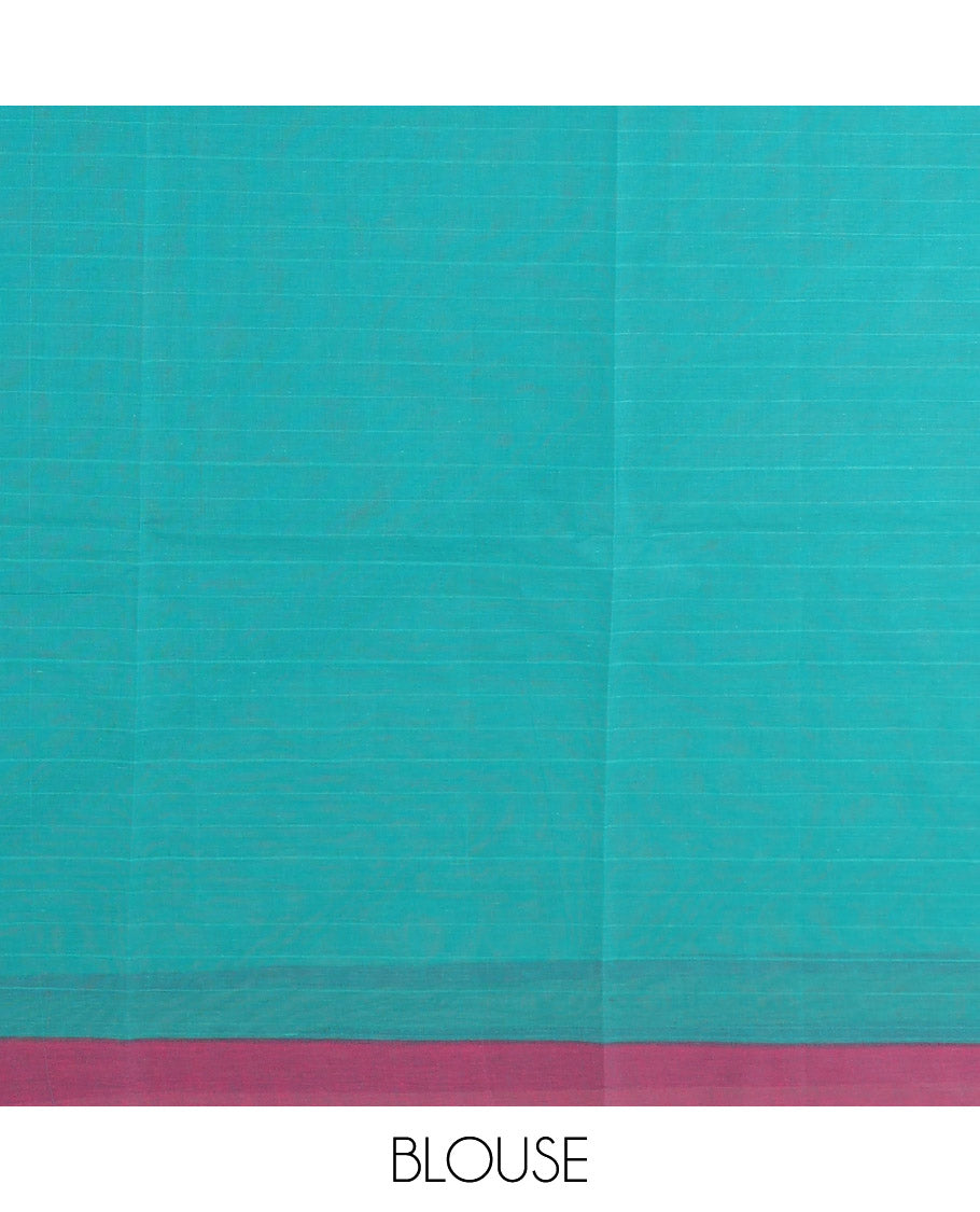 Peach-striped Coimbatore cotton saree with buttas, contrast plain border & paisley design pallu