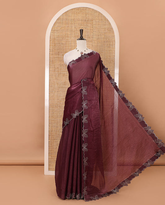 Dark purple full-plain Fendi chiffon saree, scallop butterfly-style Swarovski stone work border & stone work matching blouse