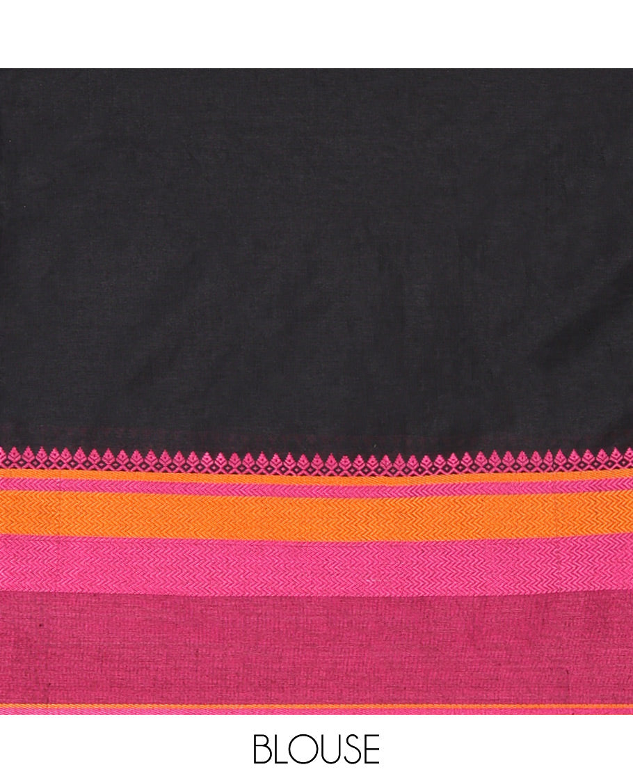 Black Plain Khadi Mul Cotton Saree, Complemented by Contrast Traditional Designs Thread Woven Border, Plain Pallu, and Paired with a Matching Blouse