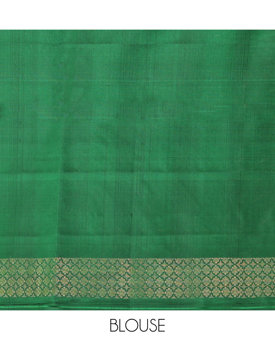 Green Mayuri Soft Silk Saree, Embellished with Zari Buttas All Over Its Body, Highlighted by Zari Border of Kamalam Designs, Pallu of Intricate Designs, and Paired with a Matching Blouse