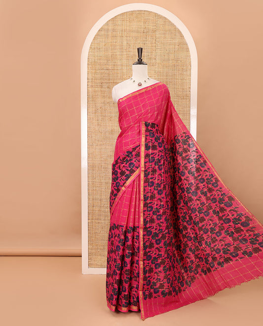 Pink zari checked & floral printed sungudi cotton saree, piping zari border,self-pallu & matching blouse of zari & floral print work