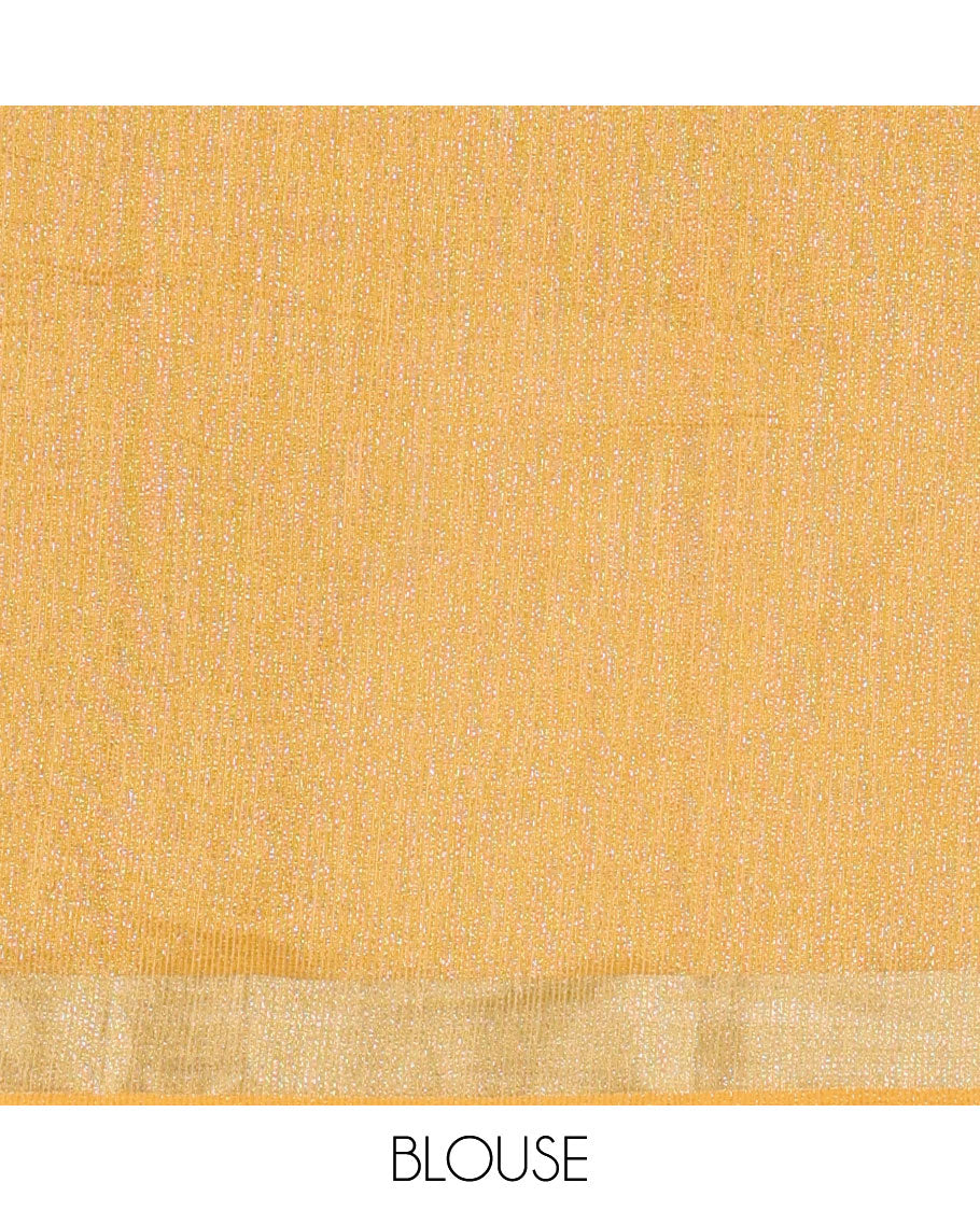 Yellow Tissue Saree, Gleamed Up with Zari Striped on Its Body, Highlighted by a Zari Border, Pallu Steeped with Zari Stripes, and Paired with a Matching Blouse