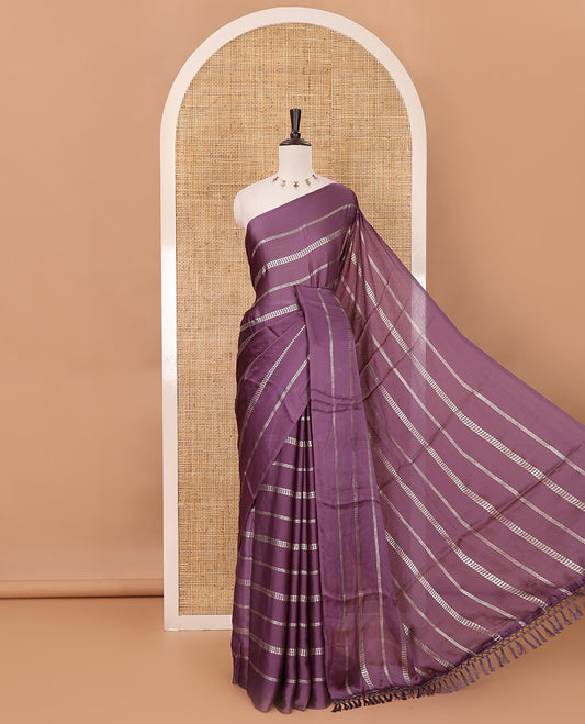 Borderless lavender horizontal-style stripes foli printed Fendy chiffon saree