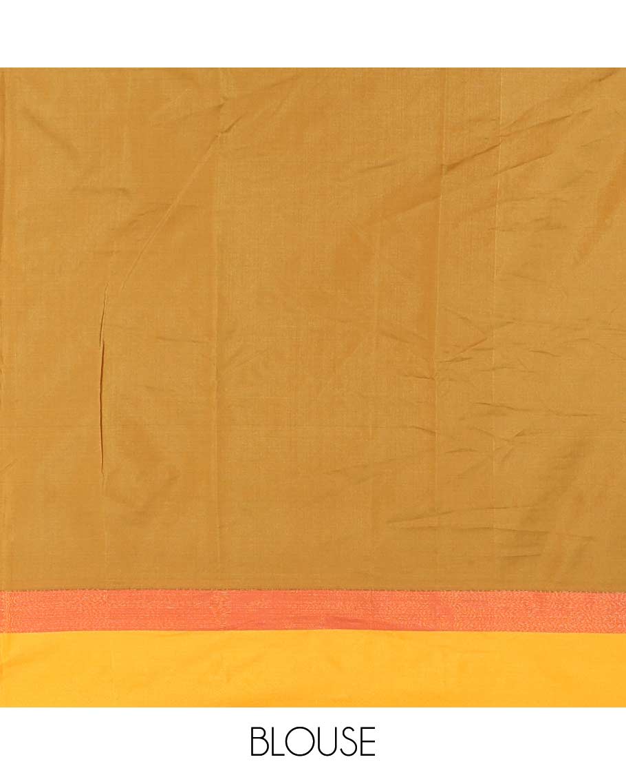 Olive green-mehendi green plus-shaped buttas steeped semi-soft silk saree, contrast satin border of stripes, striped pallu, and contrast blouse