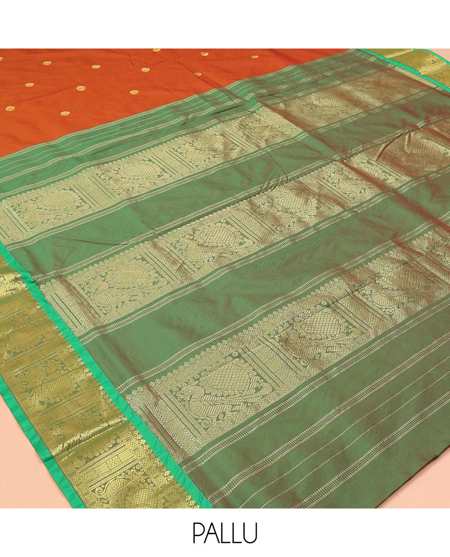 Orange Ten Yard Saree, Adorned with Zari Buttas, a Contrast Peacock Zari Border, Pallu of Peacock  Designs, and No Blouse
