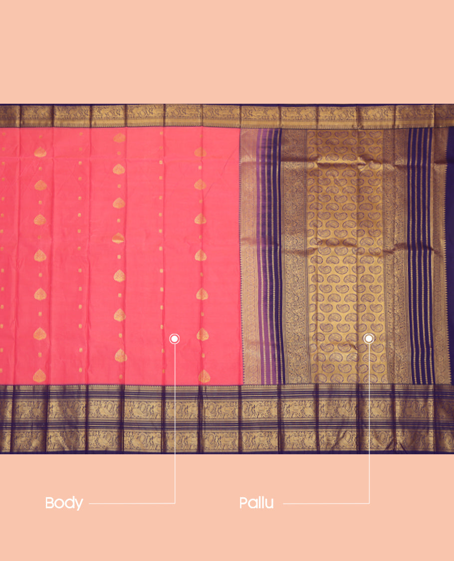 Pink Budget Silk Saree, Accentuated with Zari Buttas, Complemented by Contrast Traditional Zari Border, a Grand Pallu and a Contrast Blouse
