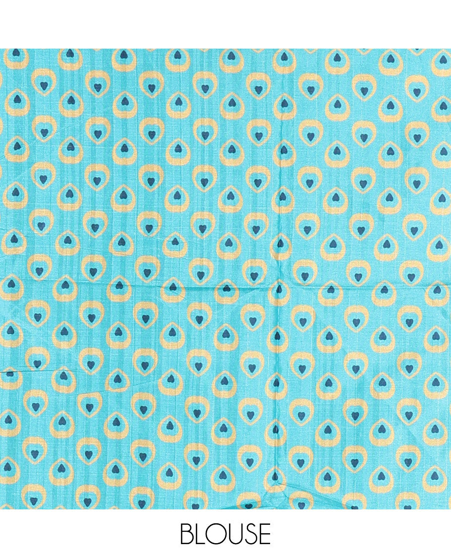 Green peacock feathers motifs printed katan silk saree, peacock feathers printed border, contrast Radha Krishna stories printed pallu, and contrast printed blouse