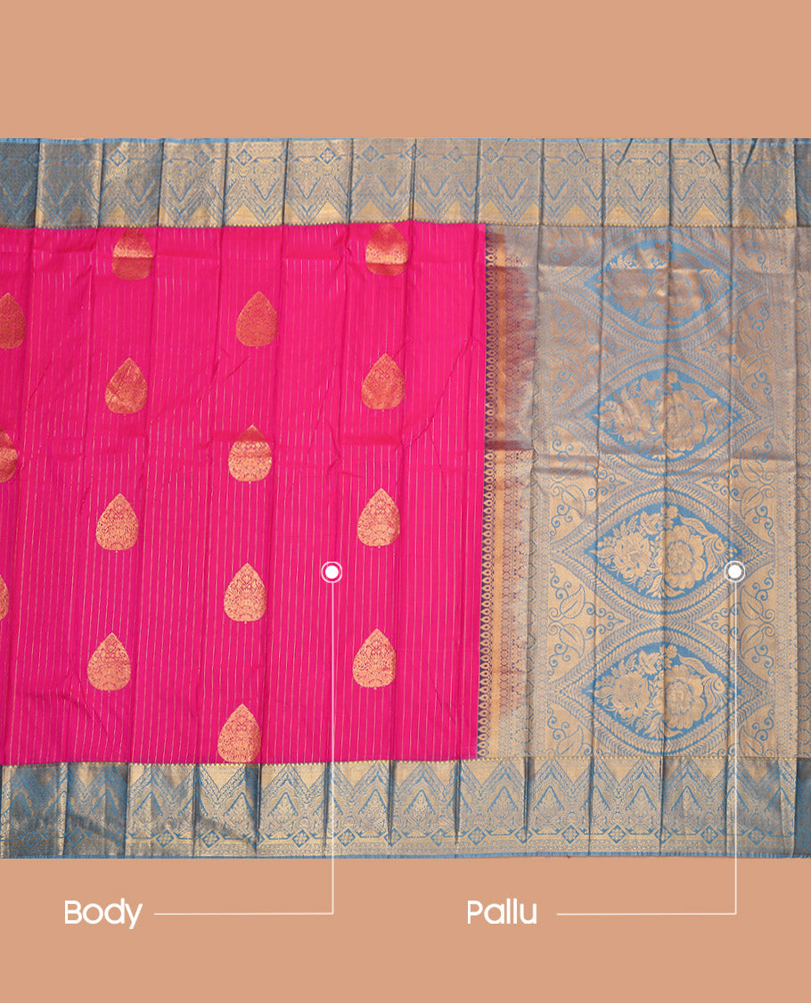 Pink Budget Silk Saree, Richly Detailed with Zari Buttas and Stripes, Complemented by a Contrast Traditional Border, Grand Pallu, and a Contrast Blouse