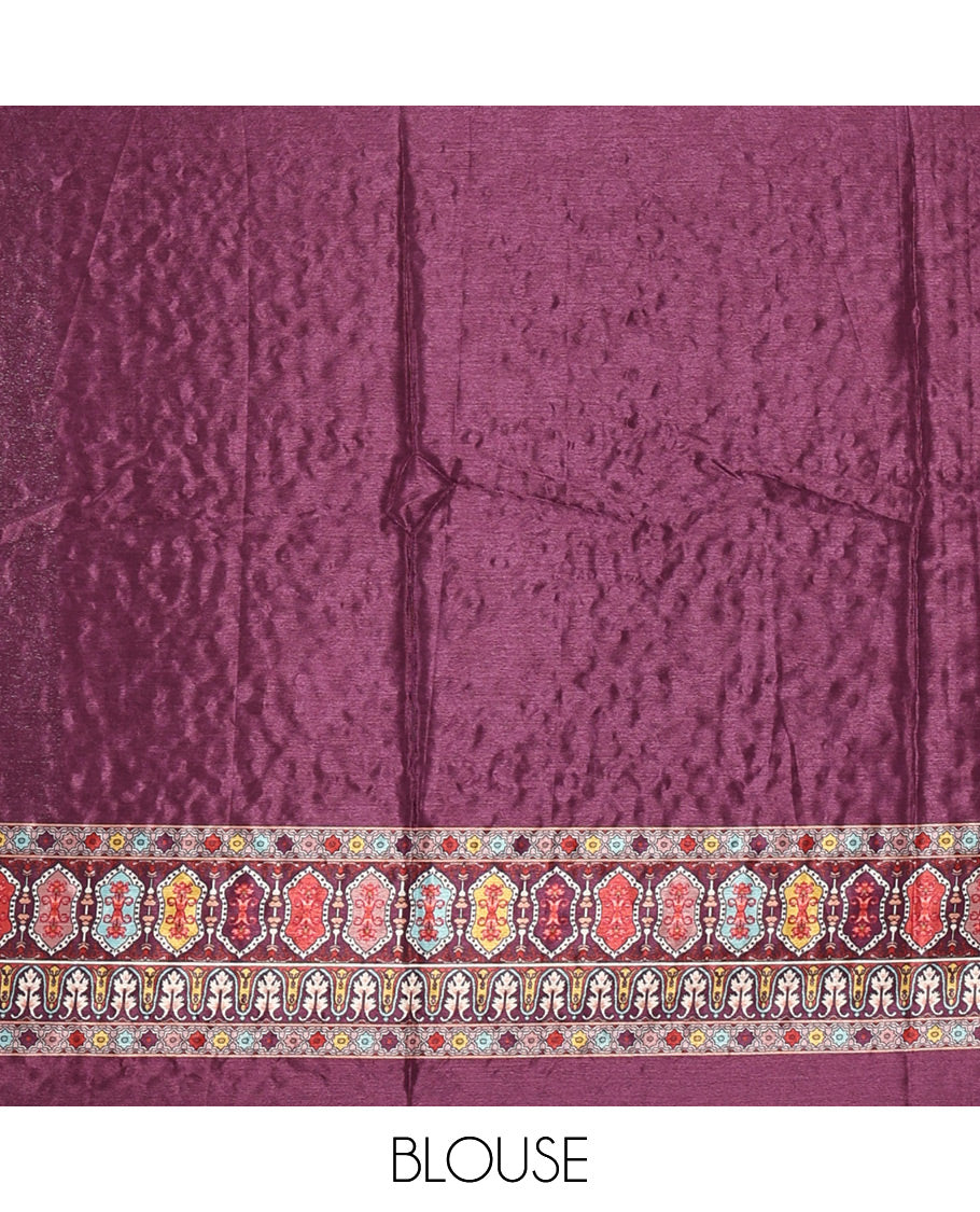 Purple geometric patterns multi-hue printed & mirror embroidered half-&-half masakali saree, printed border & pallu of  embroidery work & plain blouse