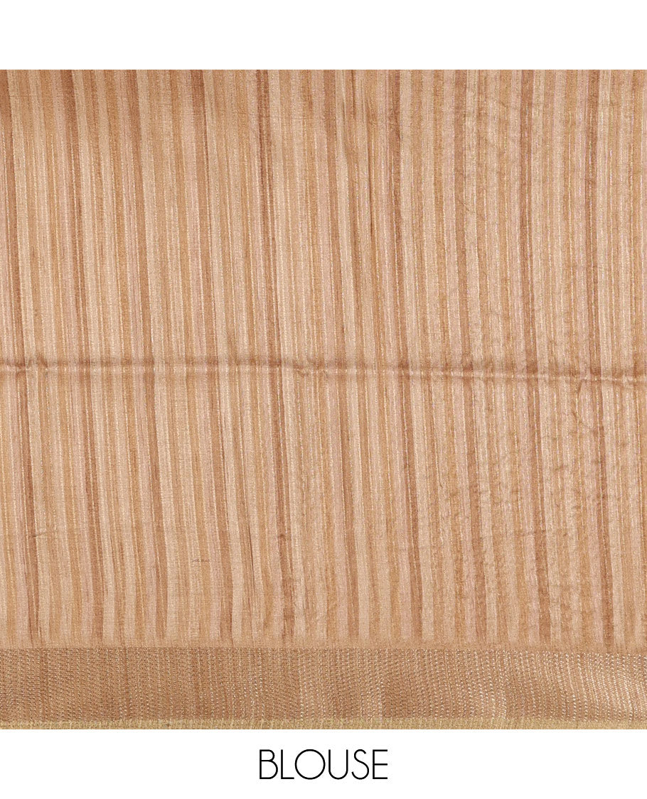 Chocolate brown hand brushing-style vertical stripes printed fancy tussar silk saree, zig zag-style zari woven border, zari pallu & striped blouse