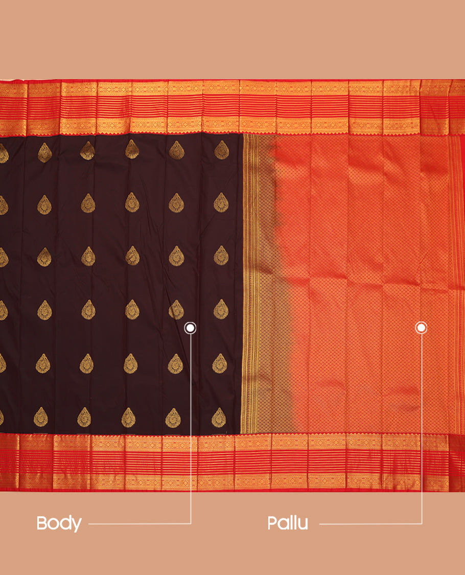 Brown Budget Silk Saree, Beautified with Zari Buttas, a Contrast Traditional Zari Border, Grand Pallu, and a Contrast Blouse