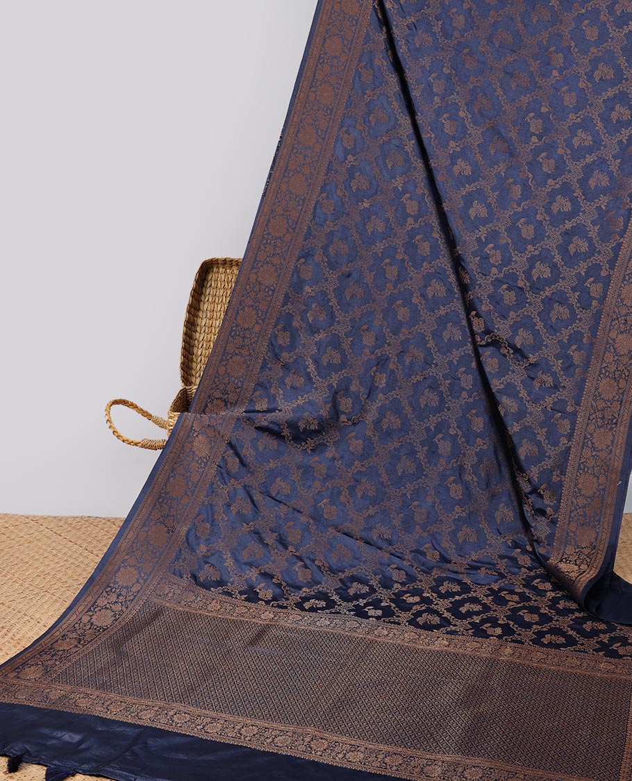 Blue argyle enclosed with motifs semi- banaras tussar saree, self zari design border & zari jaal design pallu