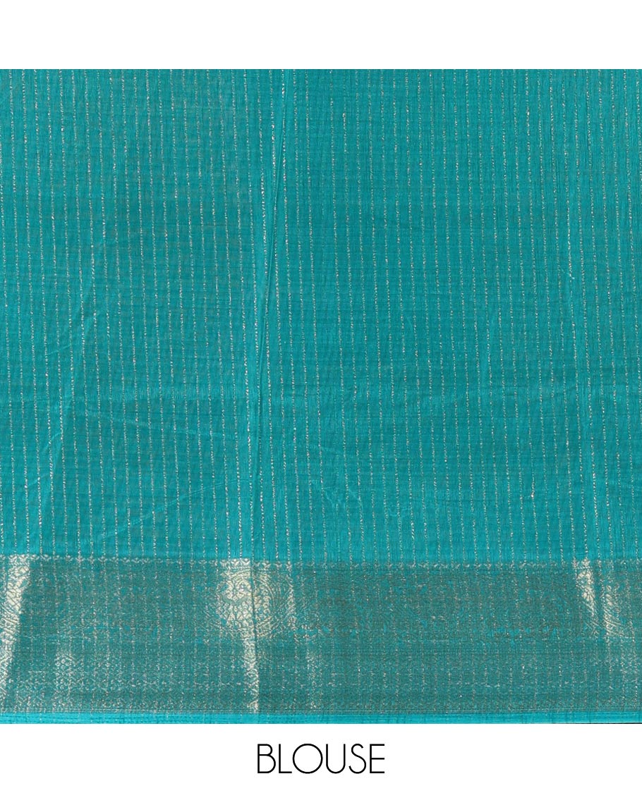 Royal blue zari striped & uniquely printed soft tusser saree,contrast traditional zari border,kalamkari floral print pallu & zari design blouse