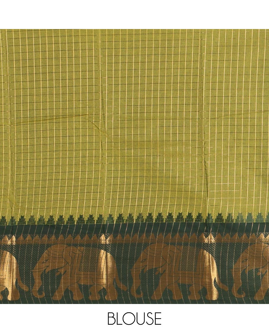 Liril Green checked semi-tafeta saree, contrast temple zari elephant motifs border, striped pallu & matching checked zari border blouse