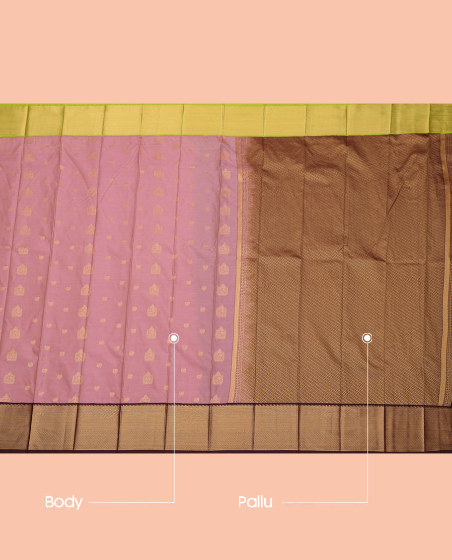 Onion Pink Budget Silk Saree, Gleamed Up with Zari Buttas, a Contrast Traditional Zari Ganga Jamuna Border, Intricate Pallu, and a Contrast Blouse