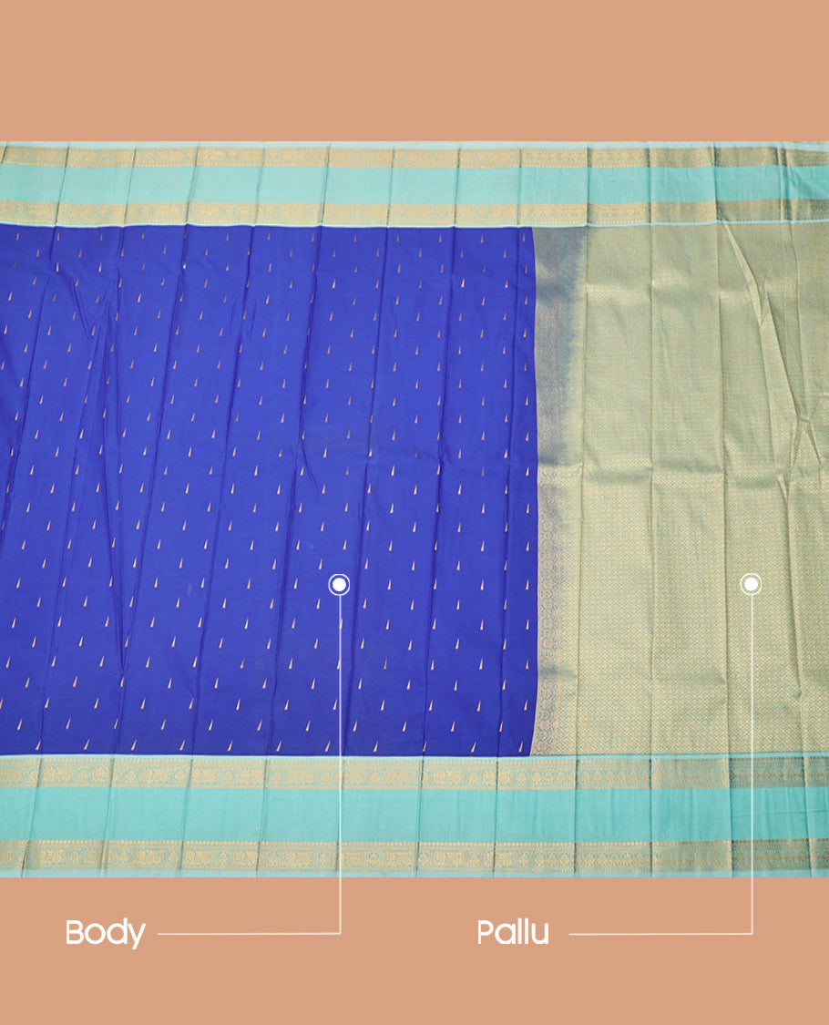 Royal Blue Budget Silk Saree, Featuring Temple Zari Buttas All Over Its Body, Complemented by a Contrast Traditional Zari Design Rettai Pettu Border, Grand Jaal Pallu, and Paired with a Contrast Blouse