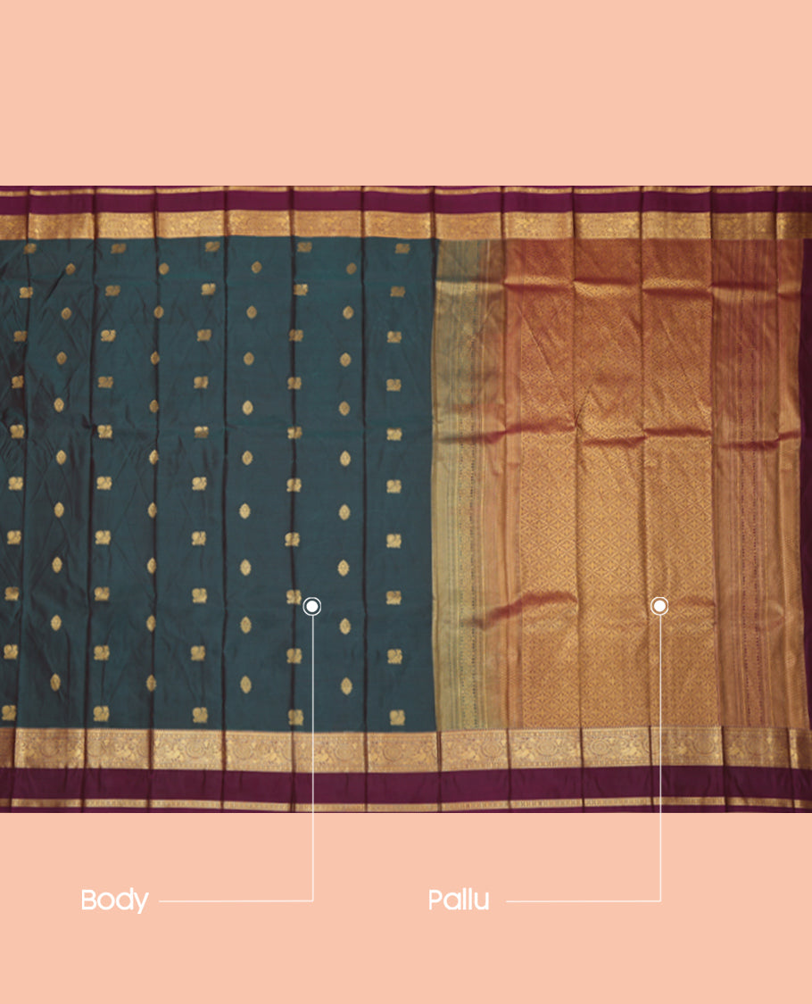 Blue Budget Silk Saree, Enhanced with Peacock and Floral Buttas, a Contrast Traditional Zari Rettai Pettu Border, a Jaal Pallu and a Contrast Blouse