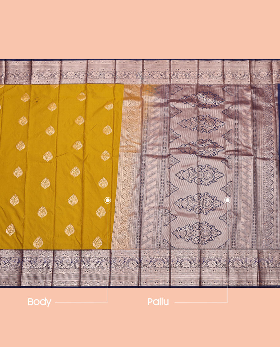 Mustard Budget Silk Saree, Woven with Zari Buttas, Complemented by a Contrast Traditional Zari Border, Pallu of Intricate Designs, and a Contrast Blouse