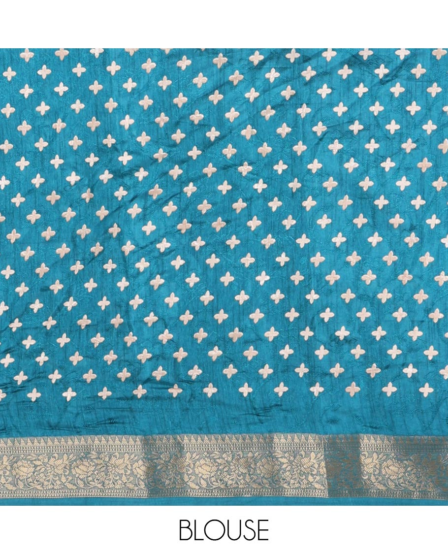 Peacock blue shibori printed fancy tussar saree, traditional zari border, shibori printed pallu & matching printed blouse with zari border