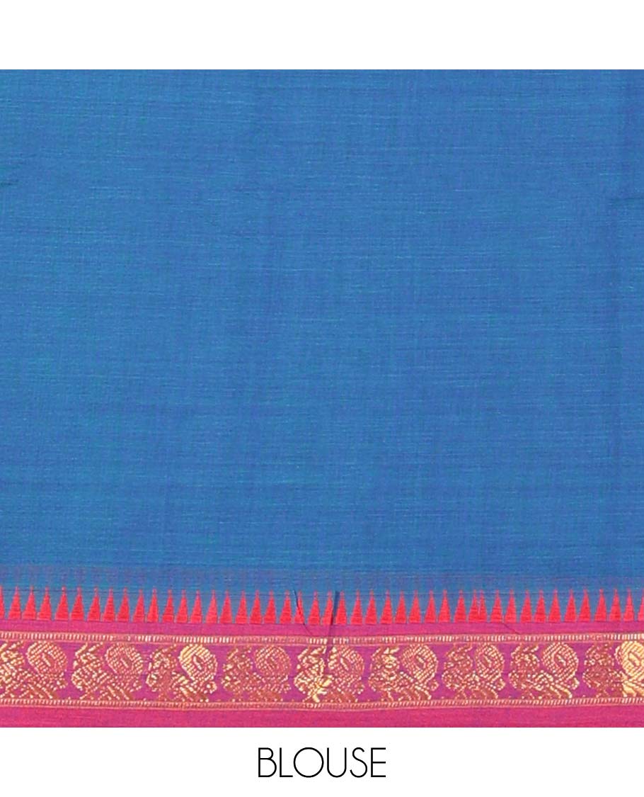 Blue cotton half saree with contrast zari border, plain blouse & plain with peacock zari border dhavani