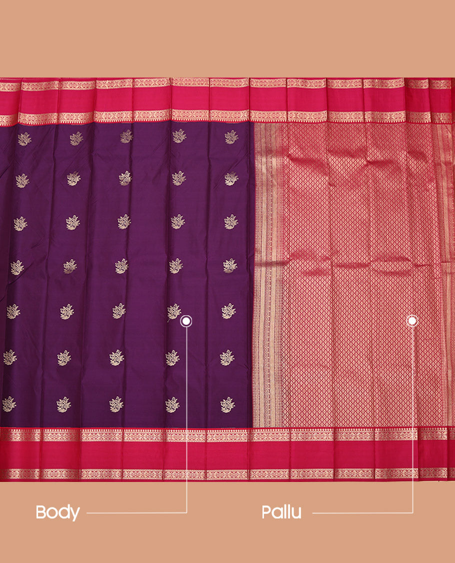 Purple Budget Silk Saree, Finely Crafted with Zari Buttas on Its Body, Complemented by a Contrast Traditional Zari Design Rettai Pettu Border, Pallu of Jaal Designs, and Paired with a Contrast Blouse