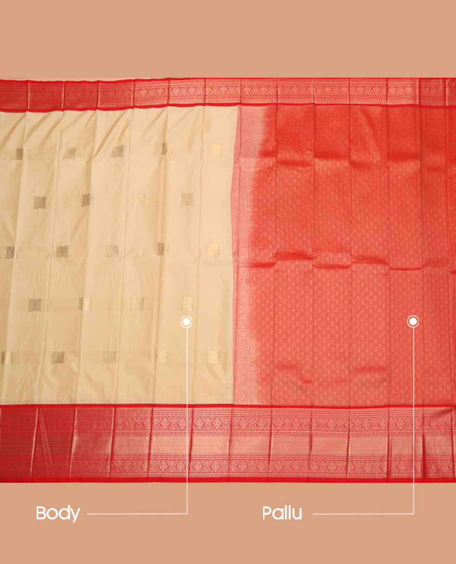 Cream Budget Silk Saree, Detailed with Zari Buttas, Complemented by a Contrast Traditional Zari Border, Grand Pallu, and Contrast Blouse