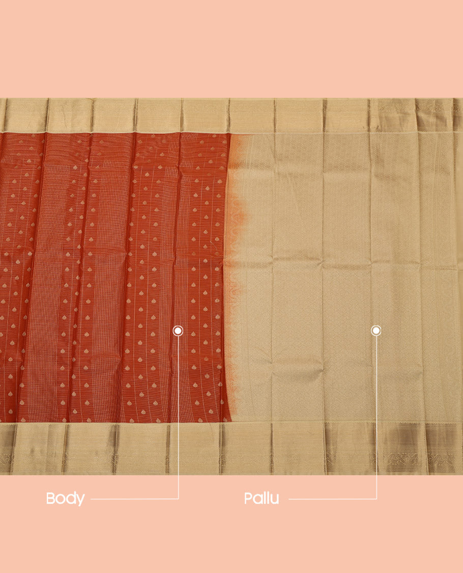 Rust Budget Silk Saree, Bedecked with Buttas and Checks, Complemented by Contrast Traditional Zari Border, Grand Pallu and a Contrast Blouse