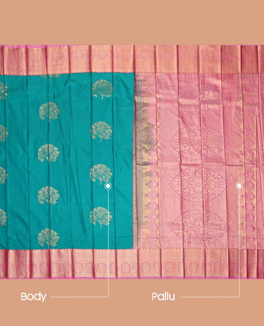 Rama Budget Silk Saree, Decorated with Zari Buttas, Contrast Traditional Zari Border, Grand Pallu, and a Contrast Blouse