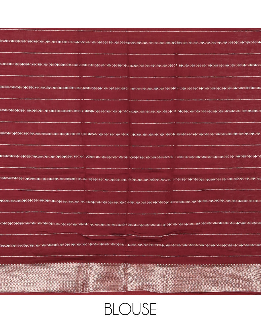 Green Assam Silk Saree, Elevated with Zari Stripes, Complemented by Contrast Zari Border,  Zari Woven Pallu, and Contrast Blouse