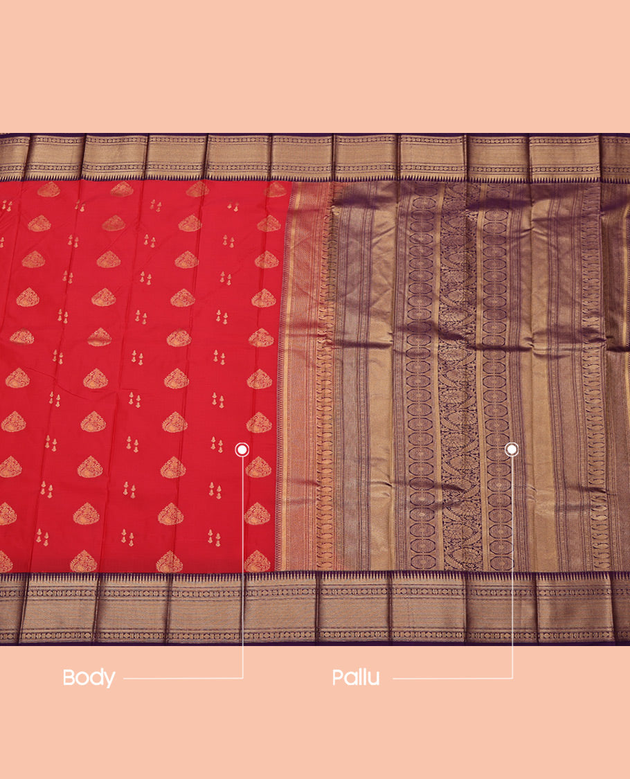 Red Budget Silk Saree, Crafted with Zari Buttas All Over Its Body, Complemented by a Contrast Traditional Zari Design Border, Grand Pallu, and Paired with a Contrast Blouse
