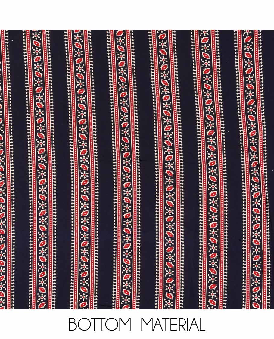 navy blue ajrak print rayon chudidhar material top with rayon material printed pant & mul mul votton ajrak printed dupatta