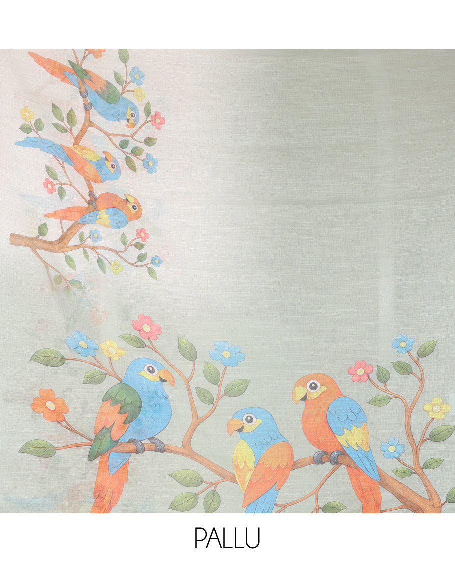 Green Linen Saree, Beautifully Decked Up with Colorful Tree and Macaw Parrot Motifs Printed on Its Body, Subtle Zari Border, Pallu of the Same Tree and Macaw Parrot Motifs Printed, and Comes with a Matching Blouse