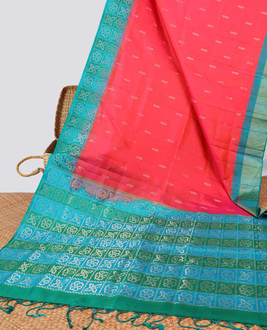 Red floral buttas soft silk saree with contrast floral border & floral zari design pallu