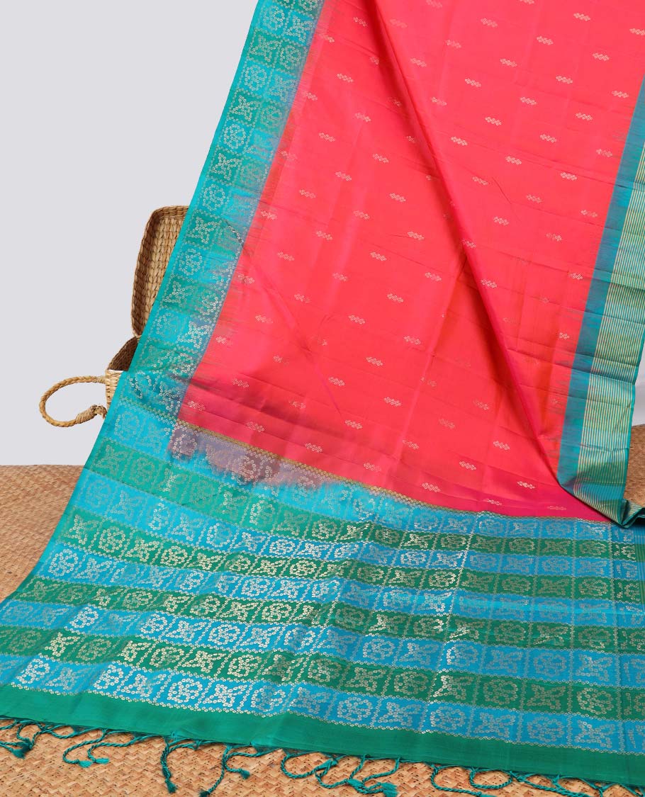 Red floral buttas soft silk saree with contrast floral border & floral zari design pallu