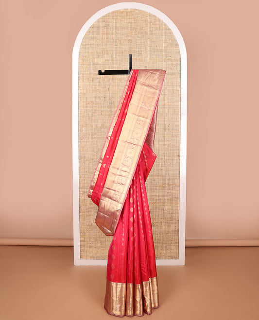 Red buttas vasundhara elite silk saree with self intricate zari design border & checked floral design pallu