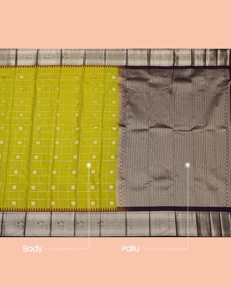 Parrot Green Budget Silk Saree, Gleamed Up with Zari Butta Enclosed Checks on Its Body, Complemented by a Contrast Traditional Zari Design Temple Border, Grand Jaal Pallu, and Paired with a Contrast Blouse