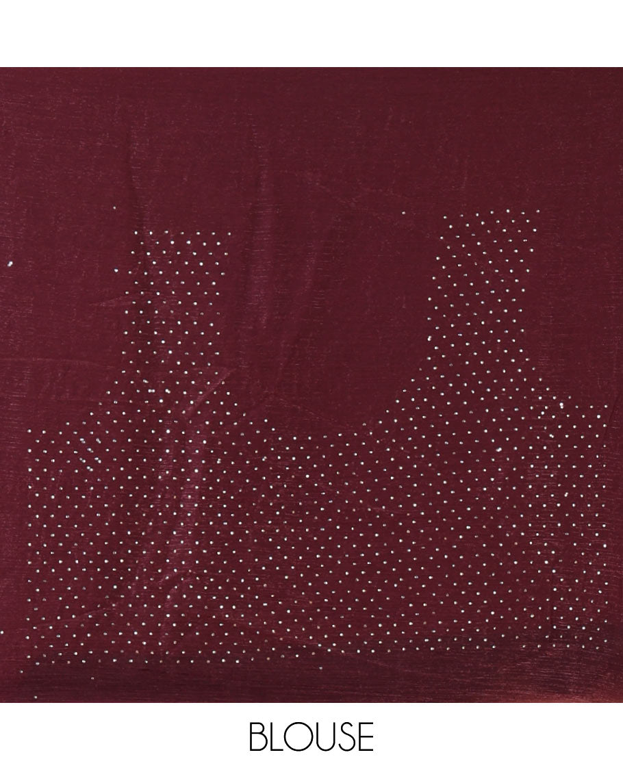 Dark purple full-plain Fendi chiffon saree, scallop butterfly-style Swarovski stone work border & stone work matching blouse