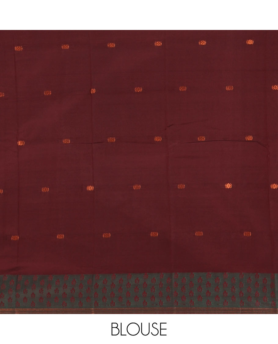 Mustard thread buttas semi-soft saree, contrast flower motifs border, contrast striped pallu & contrast buttas blouse
