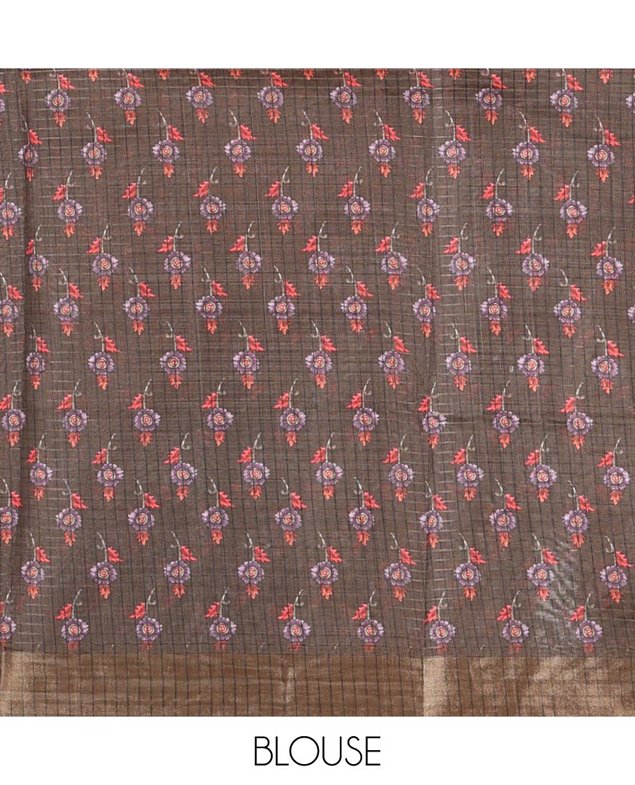 Half-white micro-checked kalamkari floral peacock printed tissue organza saree, contrast zari border, kalamkari printed pallu & contrast printed blouse