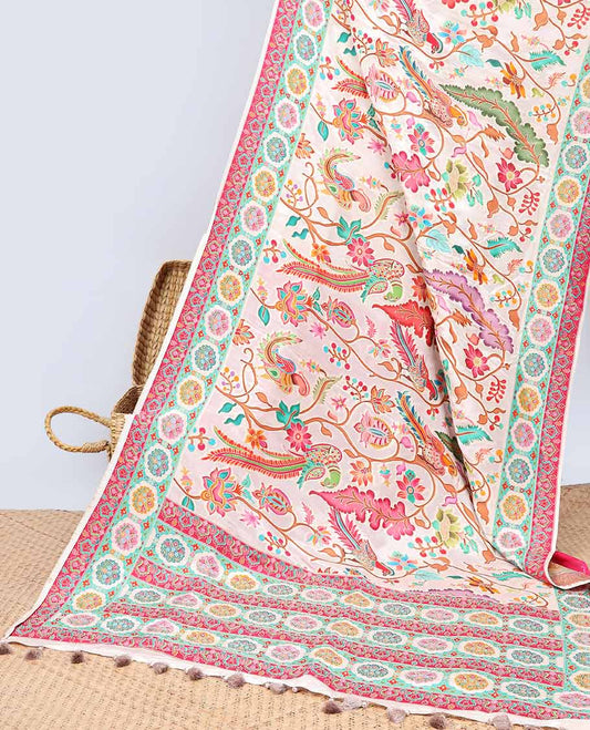 Cream floral vine design semi-banaras dola silk saree with contrast border and intricate design pallu