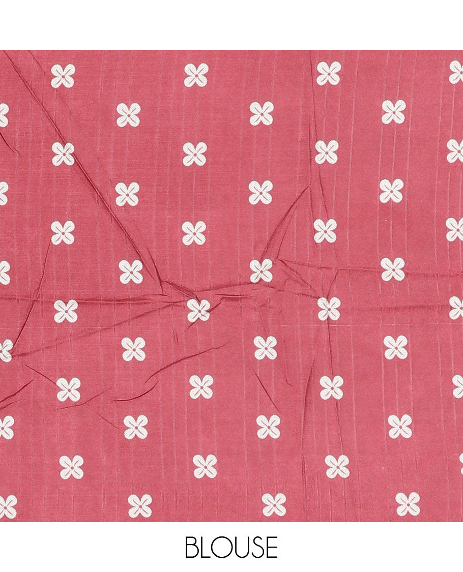 Maroon jasmine bud motifs printed kathan silk saree, double-headed eagle motif zari piping border, pichwai cow printed pallu, and floral printed blouse