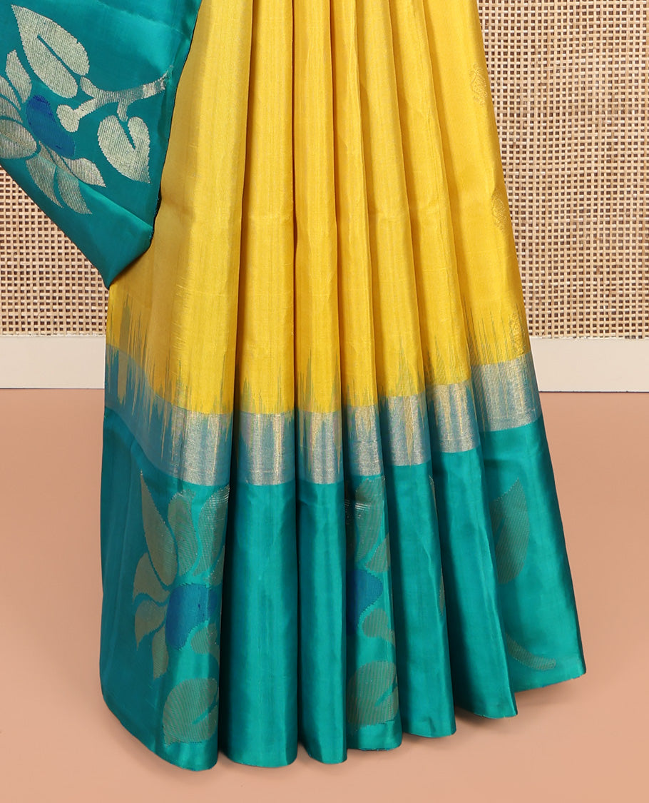 Yellow Mayuri Soft Silk Saree, Sparsely Woven with Buttas, Complemented by a Contrast Floral Border, Unique Design Pallu, and a Contrast Blouse