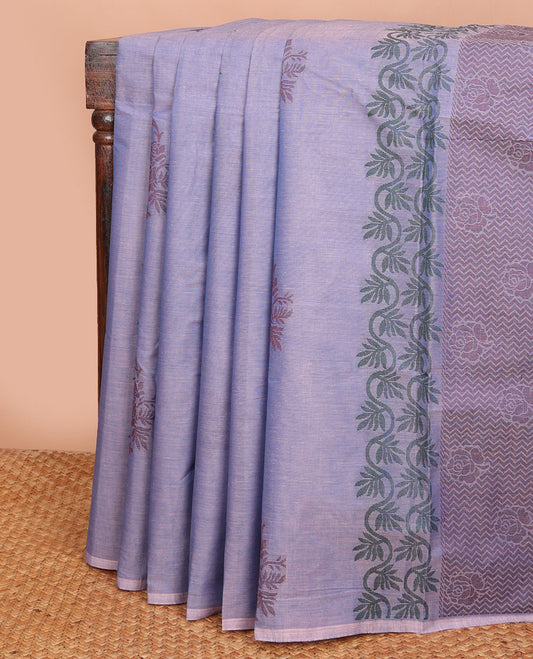 Borderless blue floral buttas Combatiore cotton saree, self-pallu of chevron & floral designs