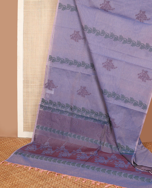 Borderless blue floral buttas Combatiore cotton saree, self-pallu of chevron & floral designs