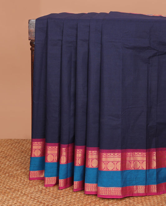 Navy blue plain Chettinad cotton saree, contrast rettai pettu traditional zari design border & pallu of stripes