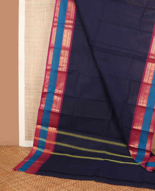 Navy blue plain Chettinad cotton saree, contrast rettai pettu traditional zari design border & pallu of stripes