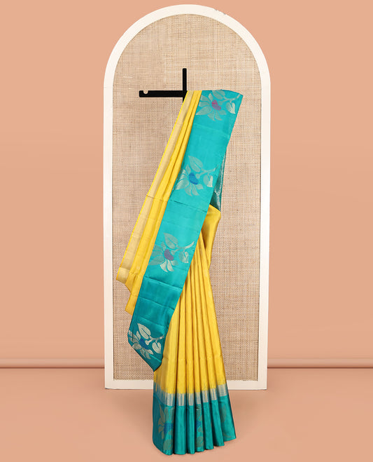 Yellow Mayuri Soft Silk Saree, Sparsely Woven with Buttas, Complemented by a Contrast Floral Border, Unique Design Pallu, and a Contrast Blouse