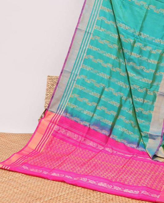 Green striped floral design uppada silk saree with contrast striped zari border & pallu of argyle design