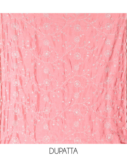 Cream with Pink Vichitra Silk Material Chudidar Set, Elevated with Gold Zari Buttas On Its Top, a Plain Santoon Bottom, and Comes with a Floral Vine Sequins Embroidered Dupatta