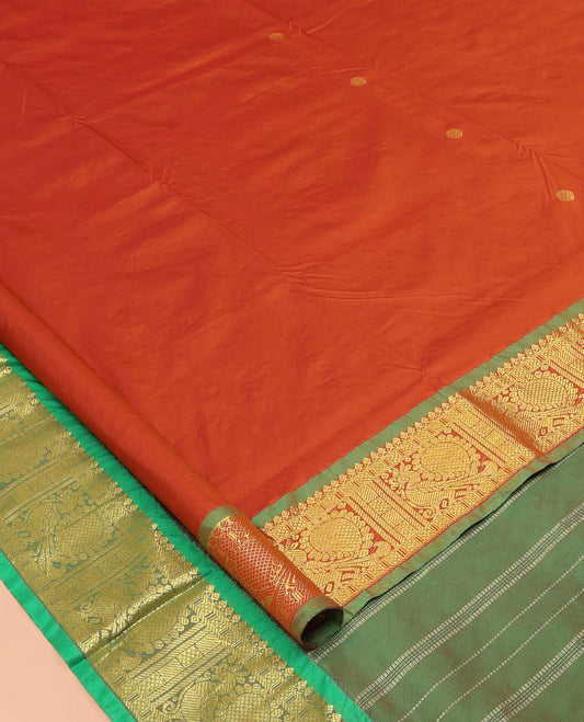 Orange Nine-Yard Saree, Adorned with Zari Buttas, a Contrast Peacock Zari Border, Pallu of Peacock  Designs, and No Blouse